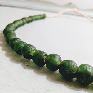 African Beach Glass & Rafia Necklace, Bottle Green